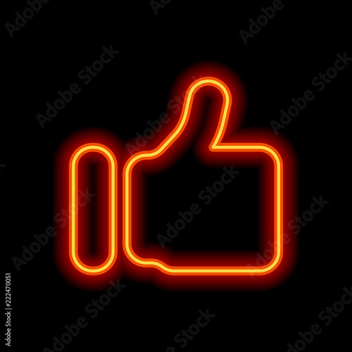 Simple like icon. Social symbol. Orange neon style on black back