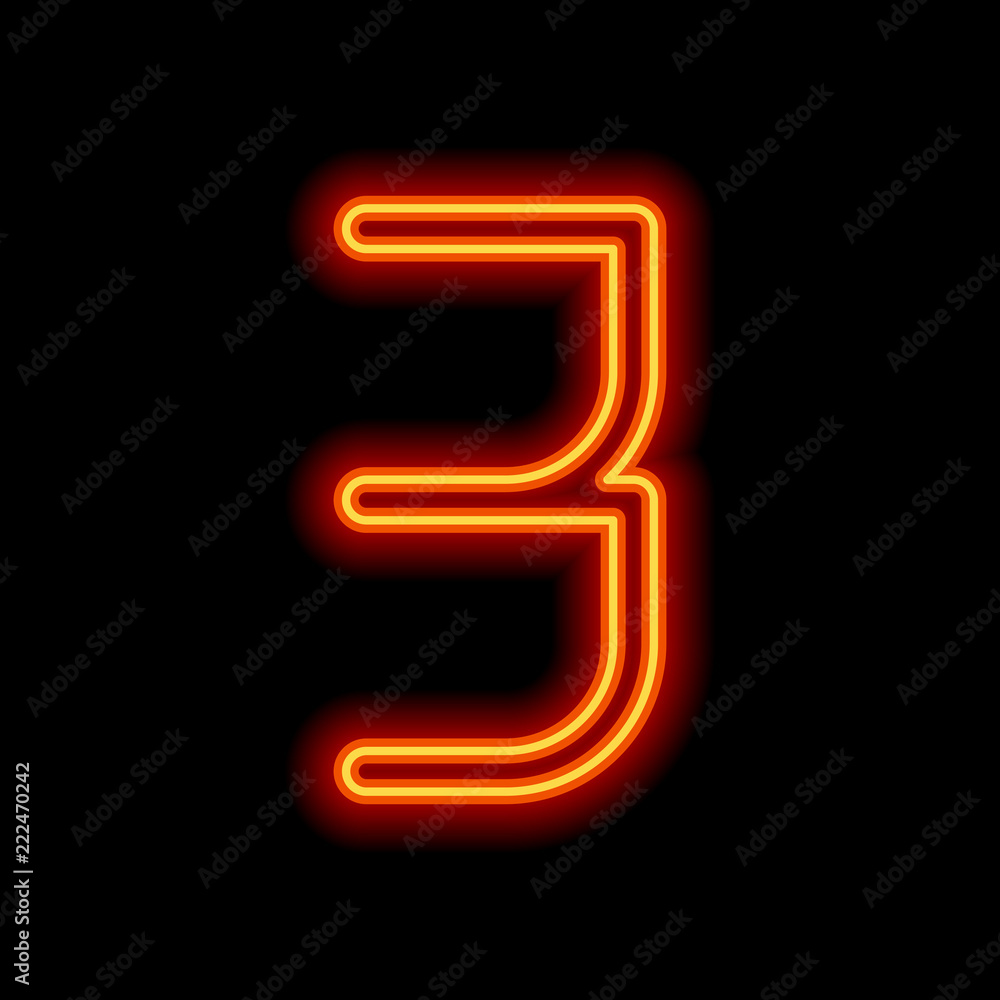 Number 3, numeral, three. Orange neon style on black background. Number 3, numeral, three. Orange neon style on black background.