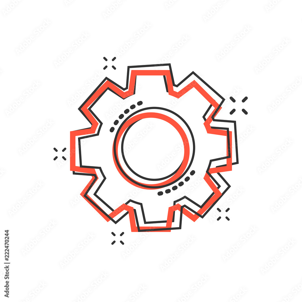 Vector cartoon gear icon in comic style. Cog wheel concept illustration pictogram. Gearwheel cogwheel business splash effect concept.
