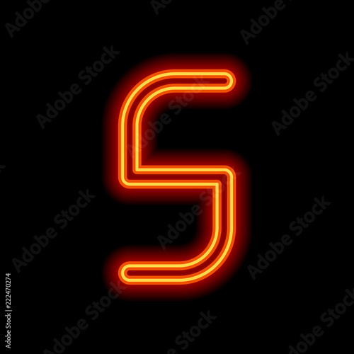 Number 5, numeral, fifth. Orange neon style on black background.
