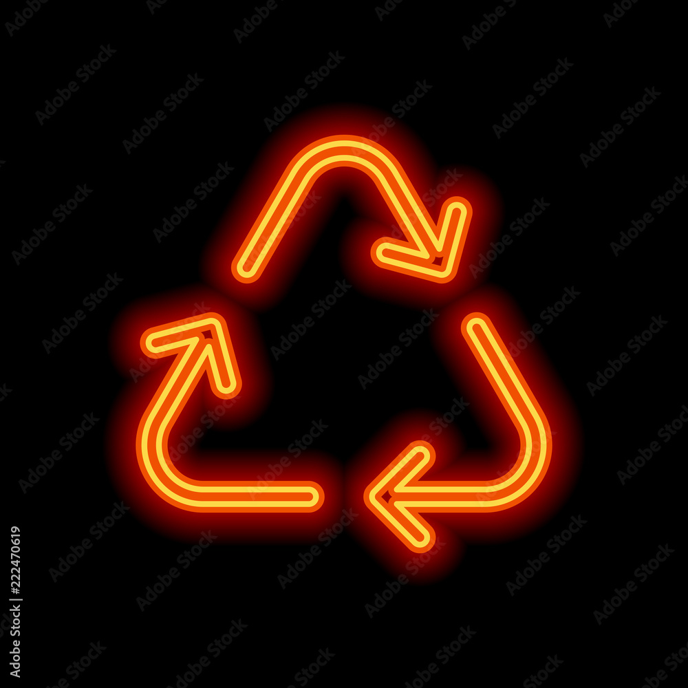 Recycle or reuse icon. Thin arrows, linear style. Orange neon st Recycle or reuse icon. Thin arrows, linear style. Orange neon st