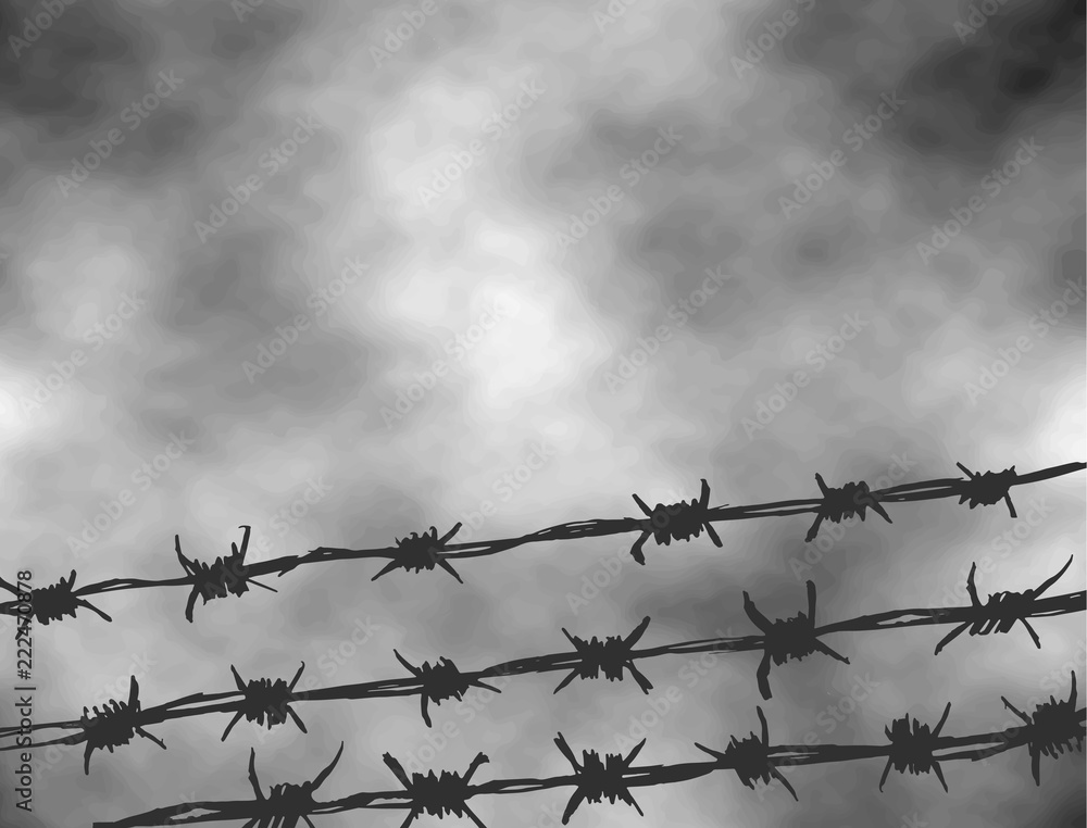 Vettoriale Stock International Day of Fascist Concentration Camps and  Ghetto Prisoners Liberation. Black and white vector illustration to the  holocaust. Fence made of wire with spikes isolated on grey sky background. |