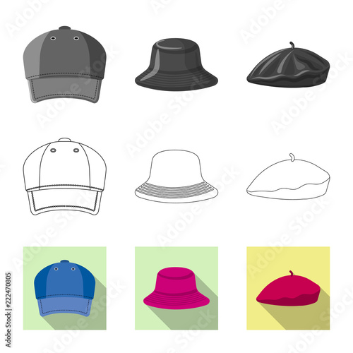 Vector illustration of headwear and cap logo. Collection of headwear and accessory stock symbol for web.