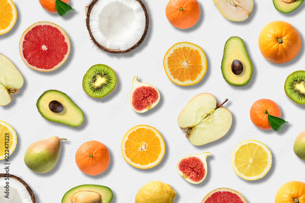Various vegetables and fruits on white background, top view, flat layout. Food vegan concept. Various vegetables and fruits on white background, top view, flat layout. Food vegan concept.