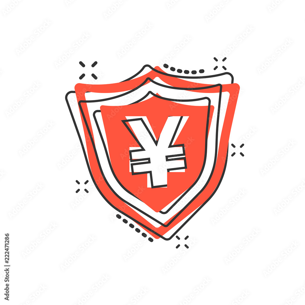 Vector cartoon yen, yuan shield money currency icon in comic style. Yen coin protection concept illustration pictogram. Asia money business splash effect concept. Vector cartoon yen, yuan shield money currency icon in comic style. Yen coin protection concept illustration pictogram. Asia money business splash effect concept.