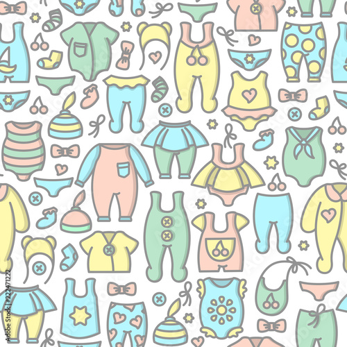 Baby clothes seamless pattern. Linear style vector illustration. Suitable for wallpaper, wrapping or textile
