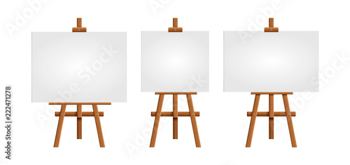 Set blank art board and realistic wooden easel. Wooden Brown  Easel with Mock Up Empty Blank Square Canvas Isolated on white background. Vector illustration.