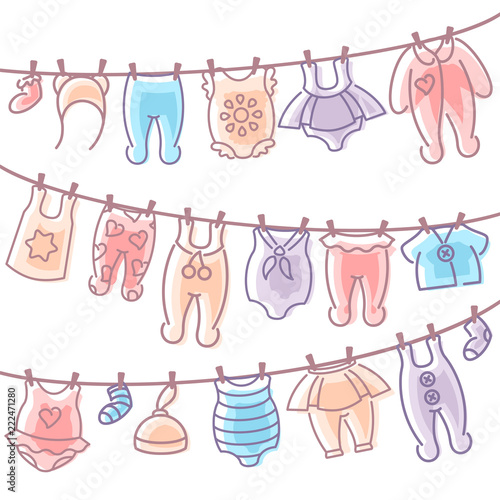 Baby clothing hanging on rope after washing. Linear style vector illustration