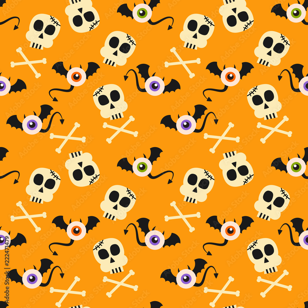 Cute Halloween symbols, monster and skull, seamless pattern.