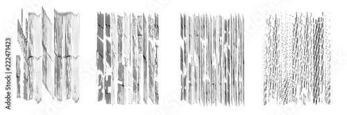 Vector texture of black ink. Vertical thin lines. Different size. Glitch distortion effect. Set of four unique patterns