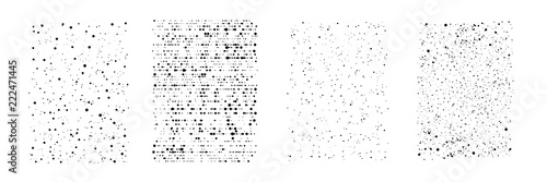 Vector drips of black ink. Small dots, drops and splashes. Different size. Set of four unique patterns