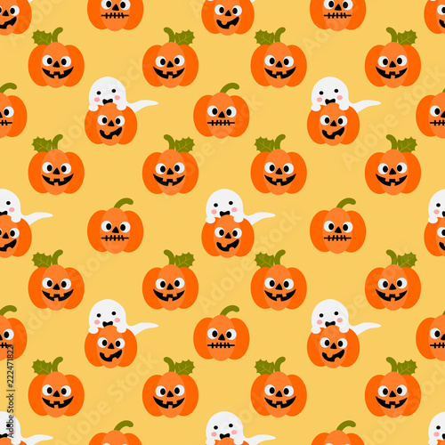 Cute Halloween pumpkin and ghost seamless pattern. Cute Halloween concept.