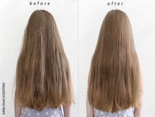 on a light background long hair girl before and after brittle and smooth