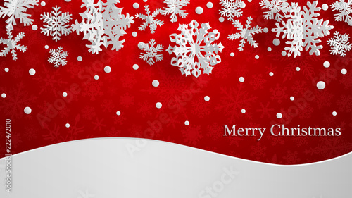 Christmas illustration with white three-dimensional paper snowflakes on red background with snowdrifts