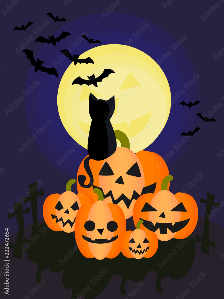 Black cat in Halloween night background. Use for Halloween greeting card or invitation. Black cat in Halloween night background. Use for Halloween greeting card or invitation.