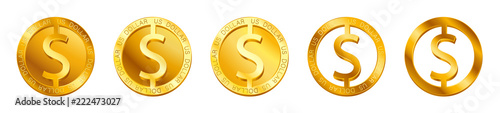 Vector money dollar sign (Dollar coin icon) isolated on white background. Golden USD coin symbol design, USA currency banking concept illustration