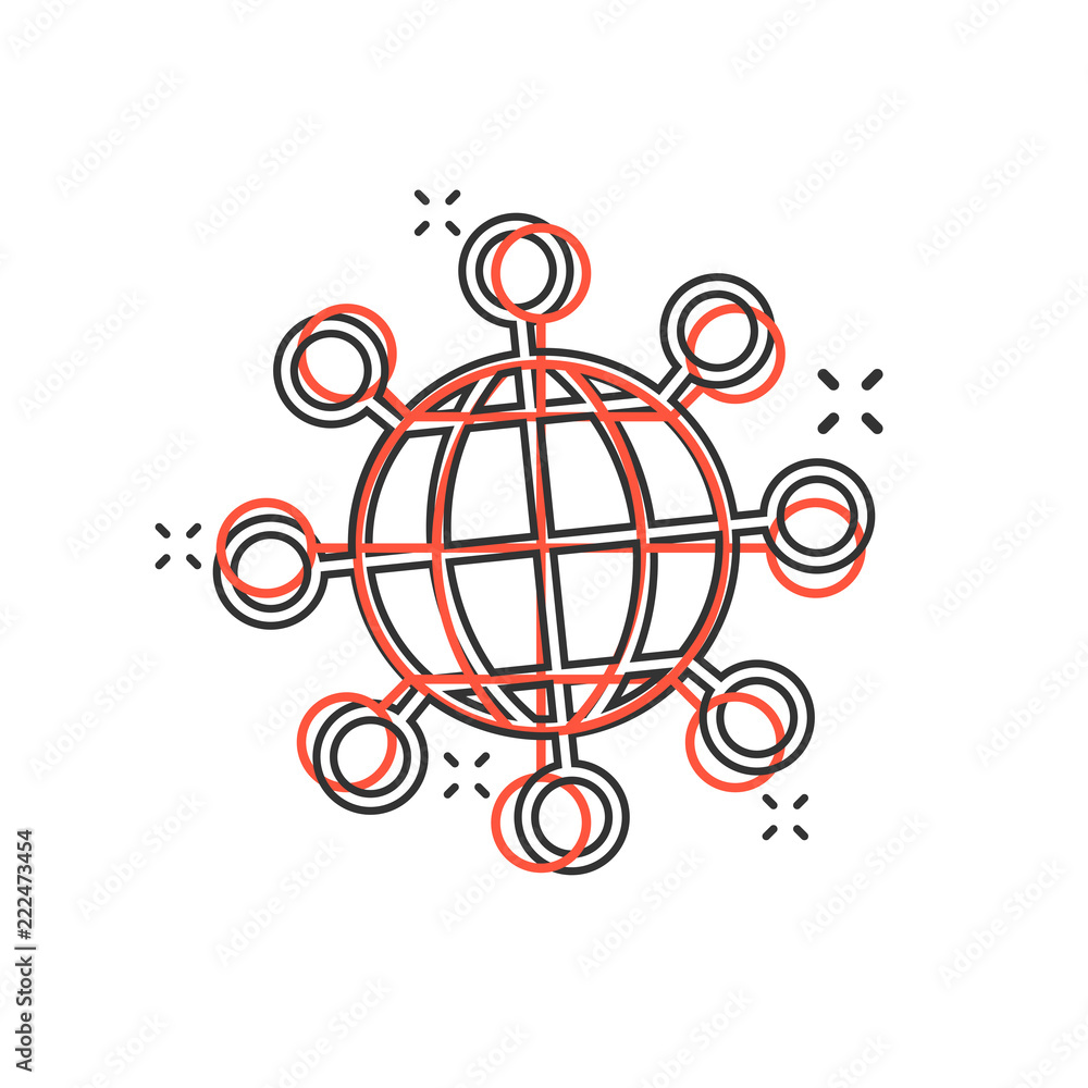 Vector cartoon sharing globe icon in comic style. Digital connect concept illustration pictogram. Teamwork communication business splash effect concept.