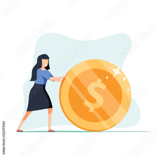 Positive businesswoman is rolling a huge golden dollar coin. Earning, saving and investing money concept.