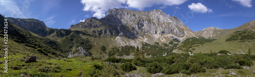 panorama view alpine pasture krumpenalm on Eisenerzer Reichenstein, a mountain in the Ennstal Alps in the Austrian federal state of Styria
 photo