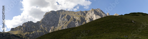 panorama view alpine pasture krumpenalm on Eisenerzer Reichenstein, a mountain in the Ennstal Alps in the Austrian federal state of Styria 