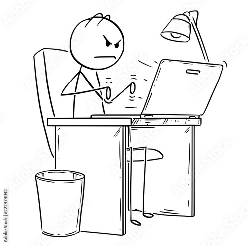Cartoon stick drawing conceptual illustration of angry man or businessman working or typing in office on laptop or notebook computer.