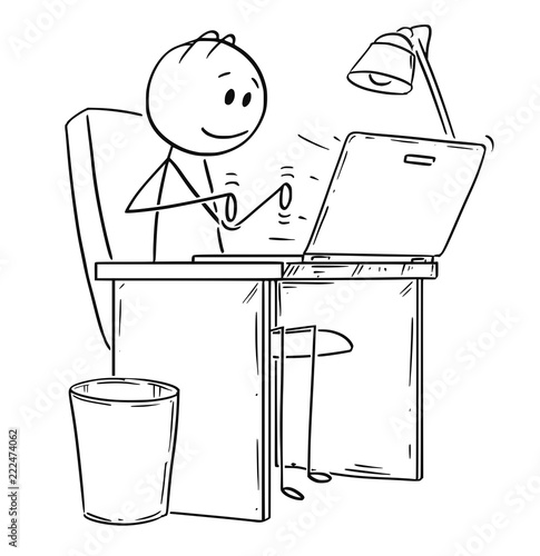 Cartoon stick drawing conceptual illustration of smiling man or businessman working or typing in office on laptop or notebook computer.