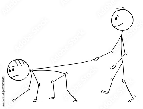 Cartoon stick drawing conceptual illustration of man walking with another man on a leash. Concept of slavery and dominance.