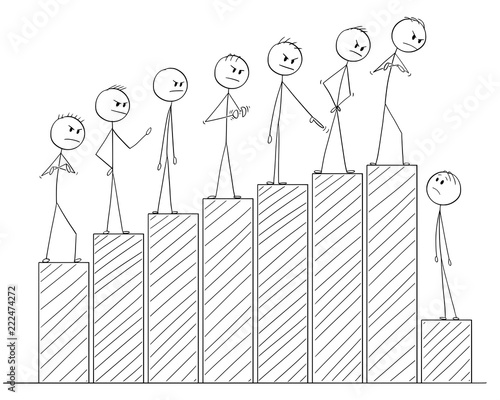 Cartoon stick man drawing conceptual illustration of team of businessmen standing on bar chart representing growing success or profit and blaming one of them for failure.