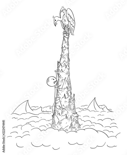 Cartoon stick drawing conceptual illustration of man or businessman toiling and climbing on the top of dangerous crag or mountain to find nothing just vulture waiting for his death. Concept of