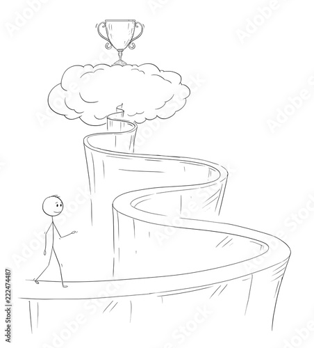 Cartoon stick drawing conceptual illustration of man or businessman walking up the path to heaven for his dream and success represented by winner's cup.