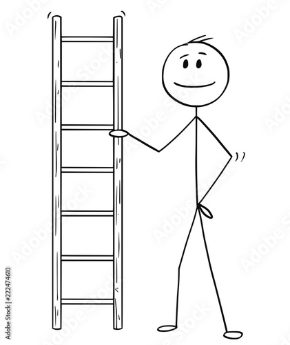 Cartoon stick drawing conceptual illustration of man or businessman holding small ladder.