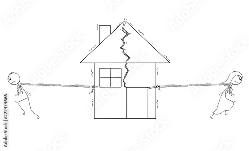 Cartoon stick drawing conceptual illustration of broken couple after divorce in bad relationship. Man and woman are pulling in different directions breaking house in two parts.