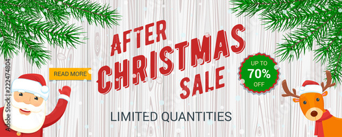 Christmas sale banner. Santa Claus and reindeer. Vector illustration