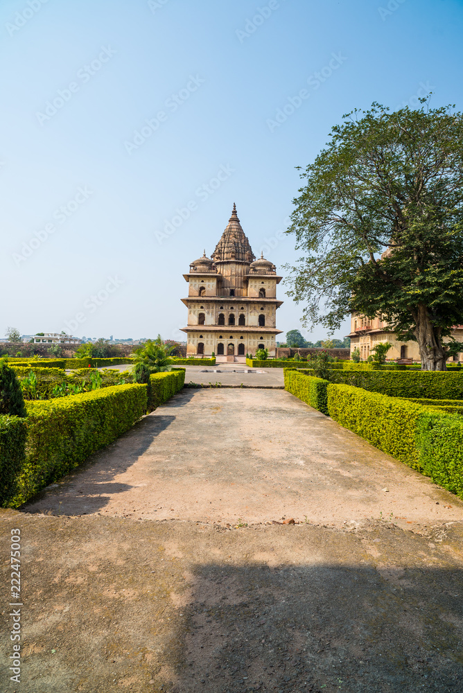 Orchha Cenotaphs, sunny day vleear blue sky, Moghul gardens. Also spelled Orcha, famous travel destination in India.