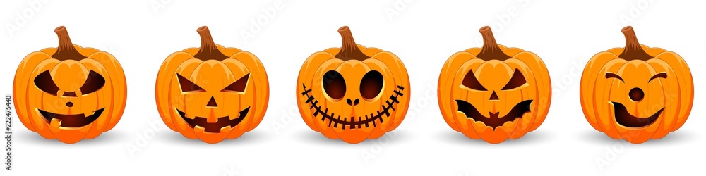 Set pumpkin on white background. The main symbol of the Happy Halloween holiday. Orange pumpkin with smile for your design for the holiday Halloween. Vector illustration. - obrazy, fototapety, plakaty 