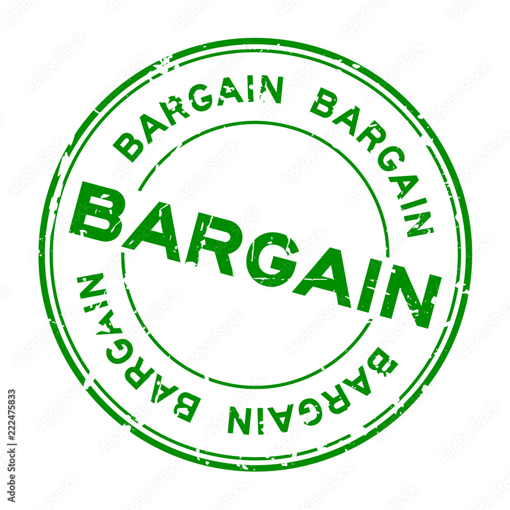 Grunge green bargain word round rubber seal stamp on white background