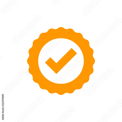 Approved certificate medal icon in flat style. Check mark stamp vector illustration on white isolated background. Accepted, award seal business concept.