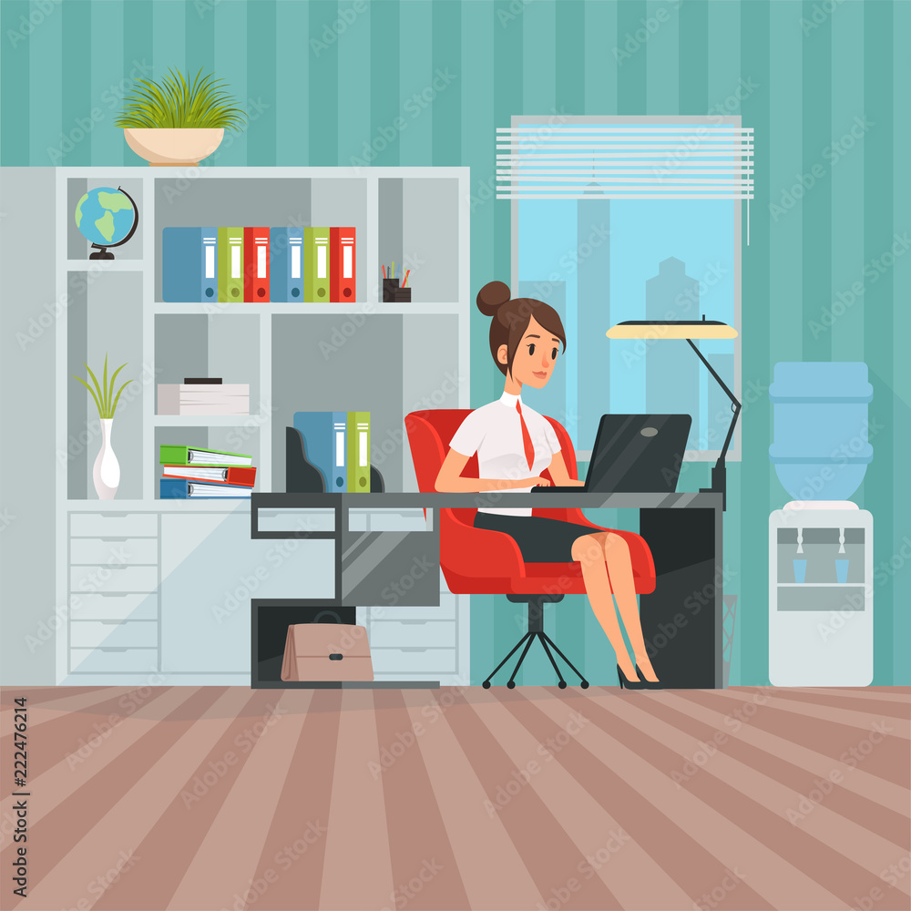 Workspace of woman manager. Business lady at work. Secretary sitting, worker businesswoman in office. Vector illustration Workspace of woman manager. Business lady at work. Secretary sitting, worker businesswoman in office. Vector illustration