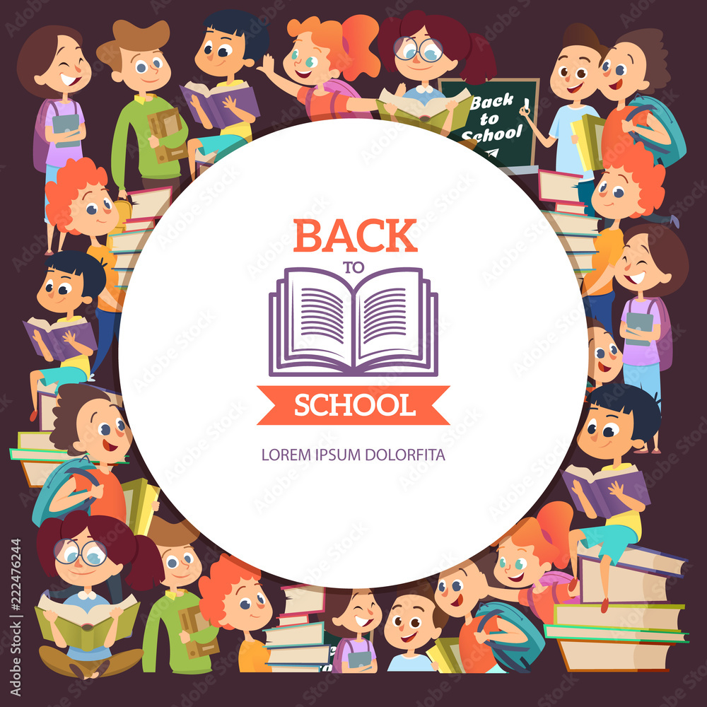 Obraz premium School people characters. Various cartoon background with boys and girls at school. Vector children read book, smiling schoolboy character illustration