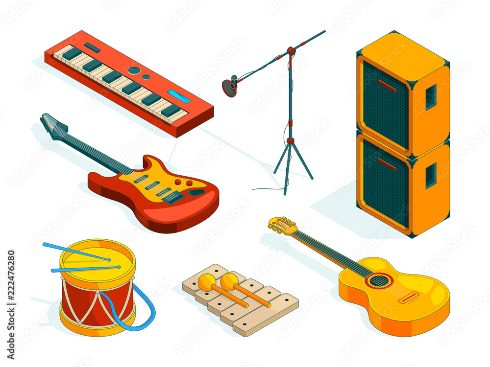 Isometric music tools. Vector pictures instruments of musicians.  Illustration oif guitar instrument, music acoustic and electric Stock  Vector | Adobe Stock