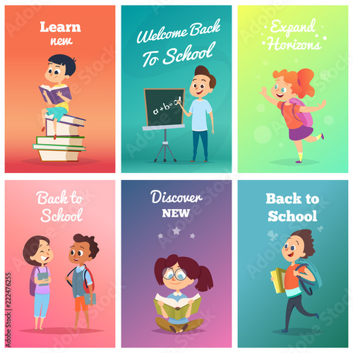 Cards with pupils. Design template of cards with school characters. Vector back to school, discover new and learn illustration