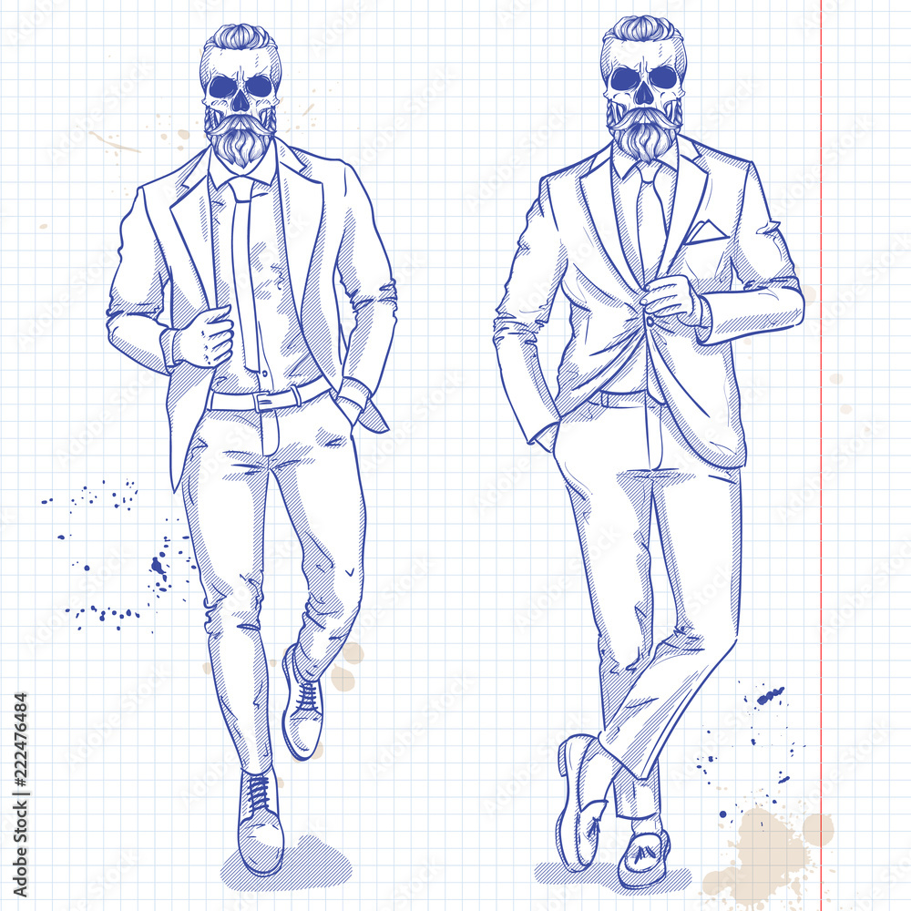 Fototapeta premium Vector set of two men with skull, beard