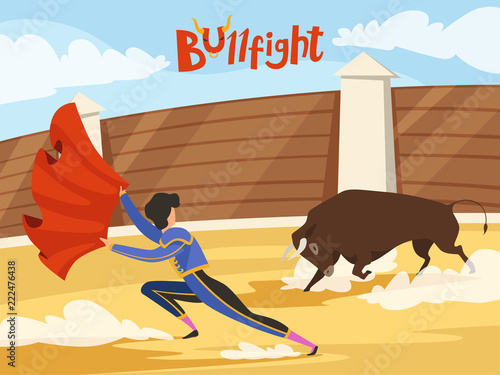 Bullfighting background. Spain traditional performance with matador and bull. Dance of the death. Bull and matador, spanish toreador, corrida bullfight, vector illustration
