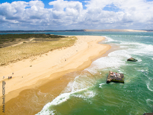 cap ferret bunker france dune de pilar arcachon surfers clean beach vertical view surf rave drone