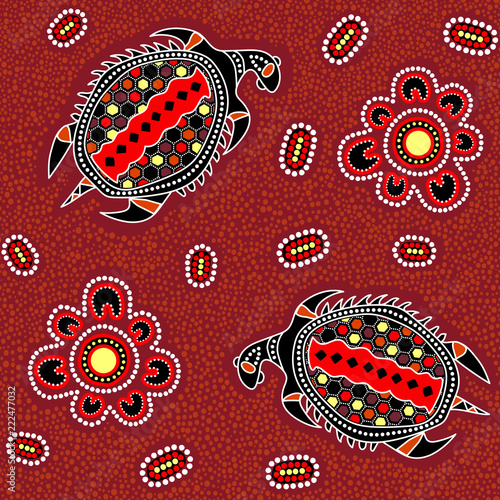 Australian aboriginal seamless vector pattern with dotted circles, ovals, turtles and other elements