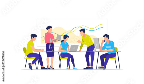 Business process, teamwork, office, workplace, business characters. Vector illustration.