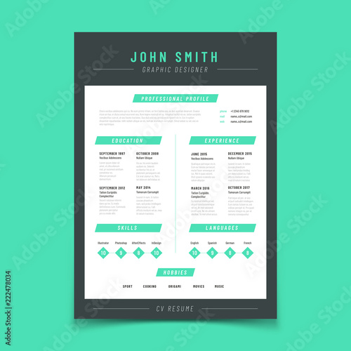 Resume letter. Personal cv sample with professional vitae and curriculum vector template. Resume form cv sample, education and skill, language and hobby illustration