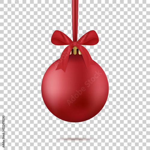 Christmas ball isolated. Realistic red Christmas ball with silk ribbon and bow, isolated on transparent background