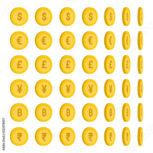 World currency rotate coins set, Currency symbol collection - Vector