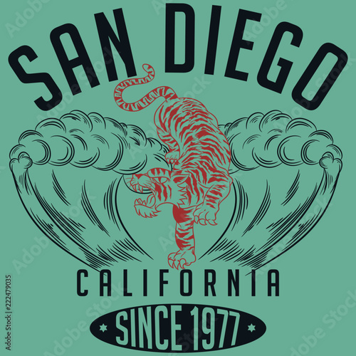 Ilustracion de tigre con olas y texto de san diego